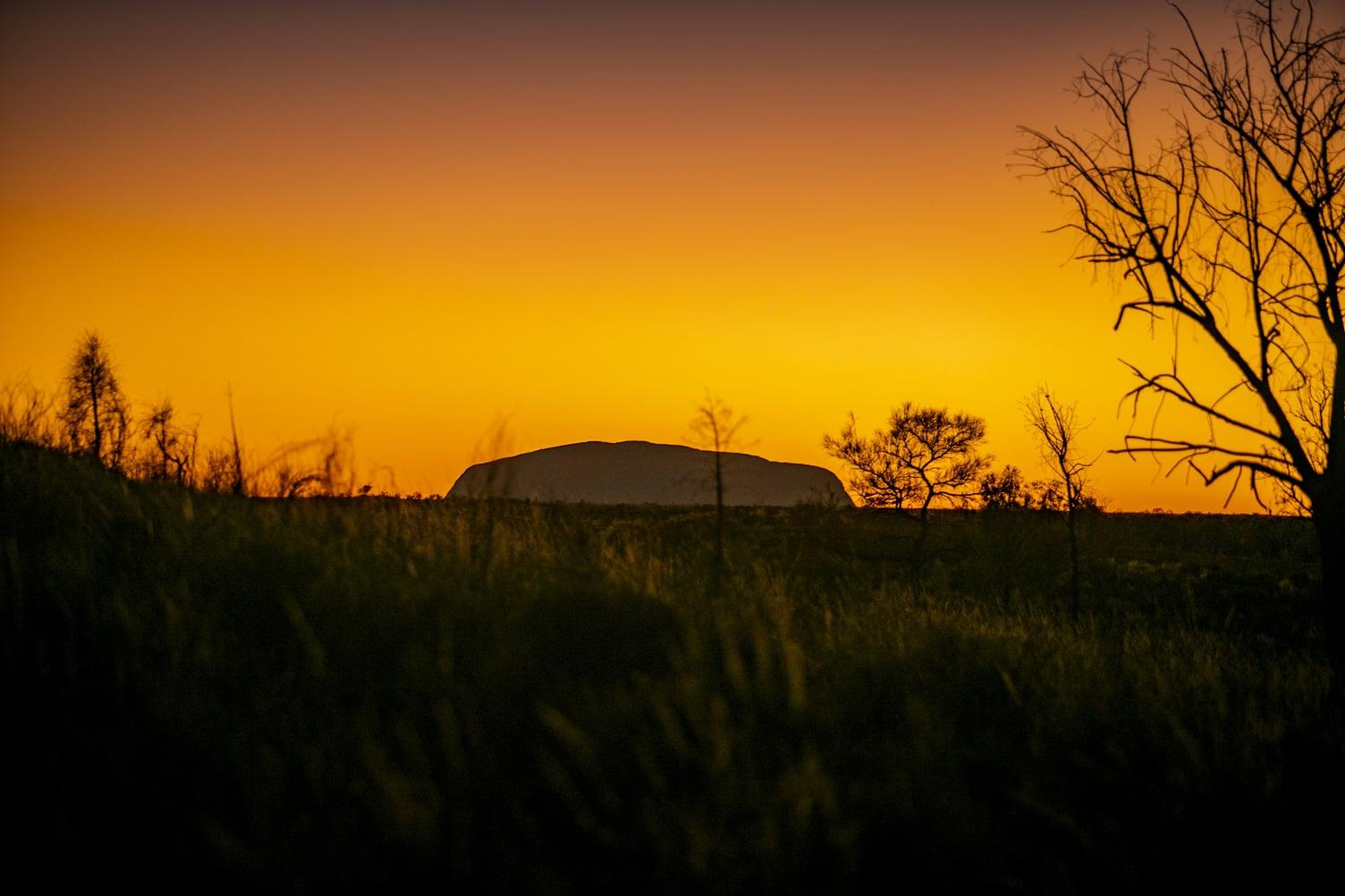 Uluru during sunrise, showing orange and yellow tones in the sky and dark green on the ground