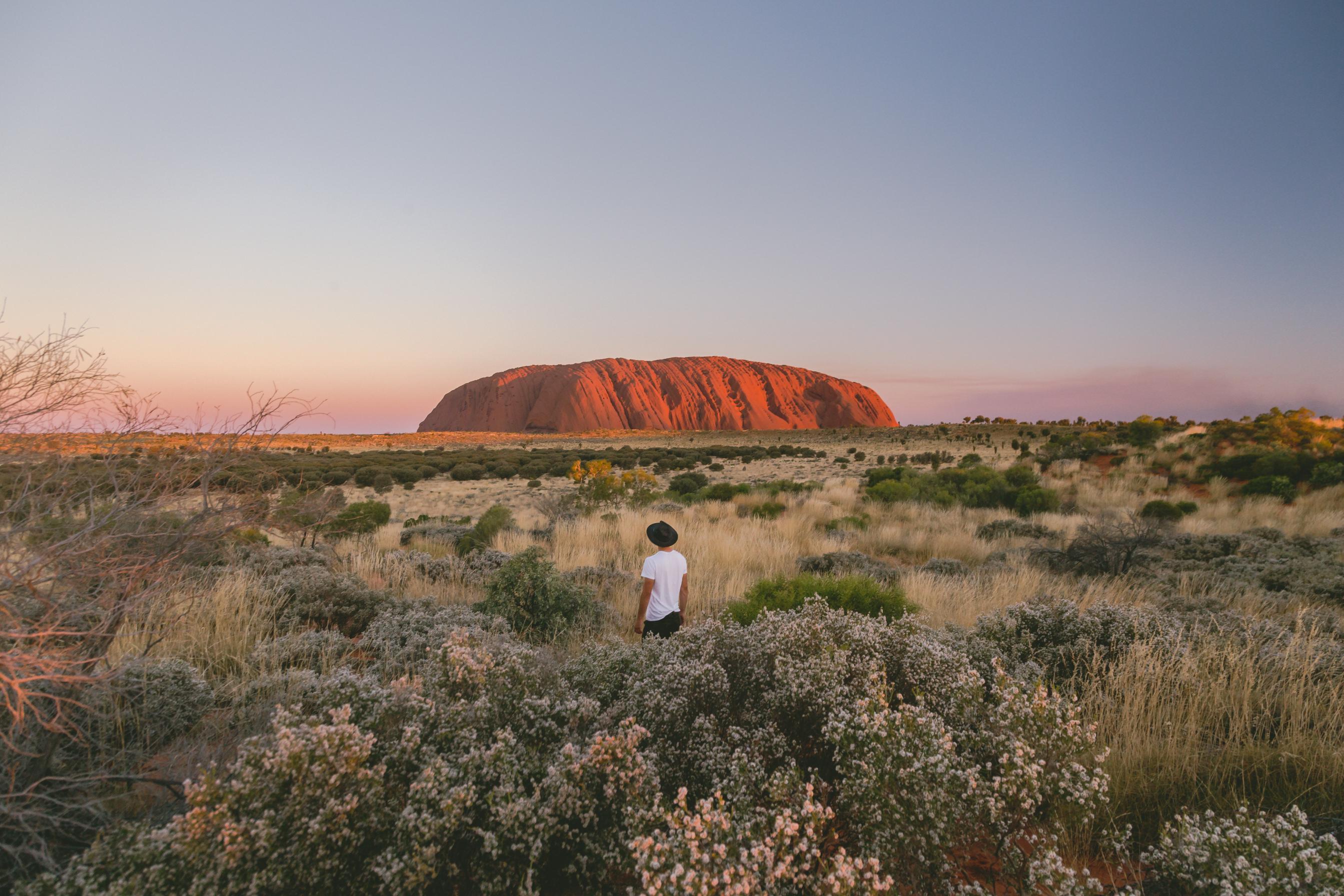 Man looking at Uluru during sunset