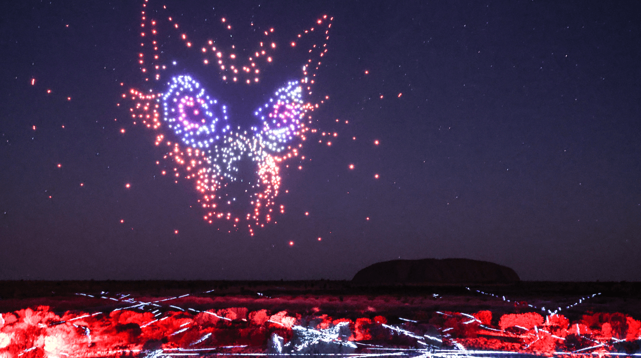 big dog head made of drone lights