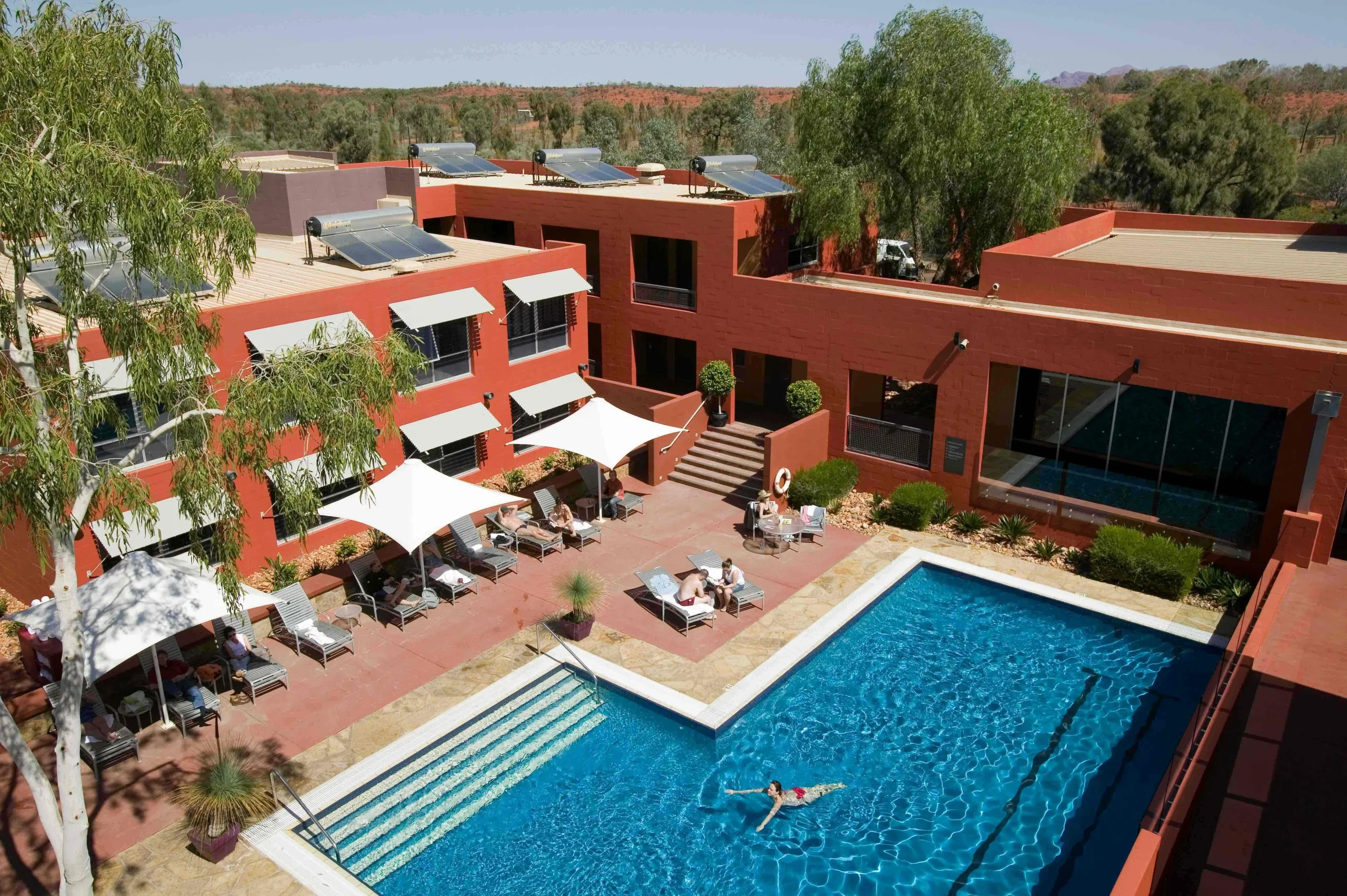 An image of the lost camel swimming pool with a person swimming in the pool, and a person lounging on a sun bed